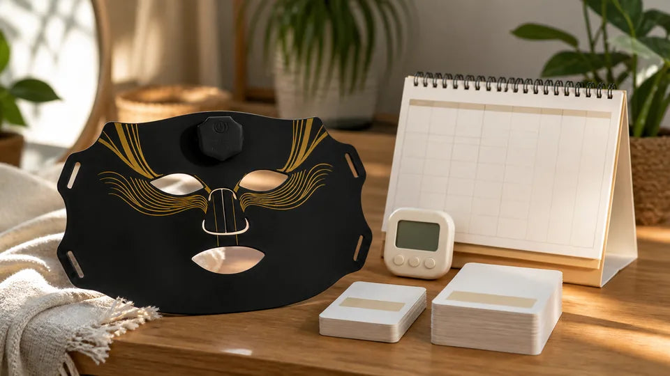 VanqHeal Diamond Edition LED mask beside a timer, calendar and routine cards