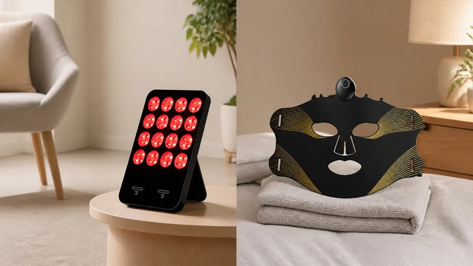 VanqHeal compact LED panel compared with the Wireless Plus face mask at home