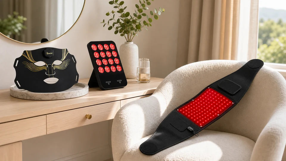 VanqHeal LED mask, compact panel and flexible belt arranged for a home red light therapy routine