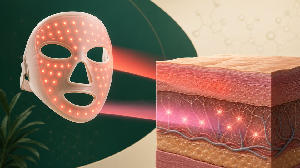 Scientific illustration of red light travelling from an LED mask towards a cross-section of skin