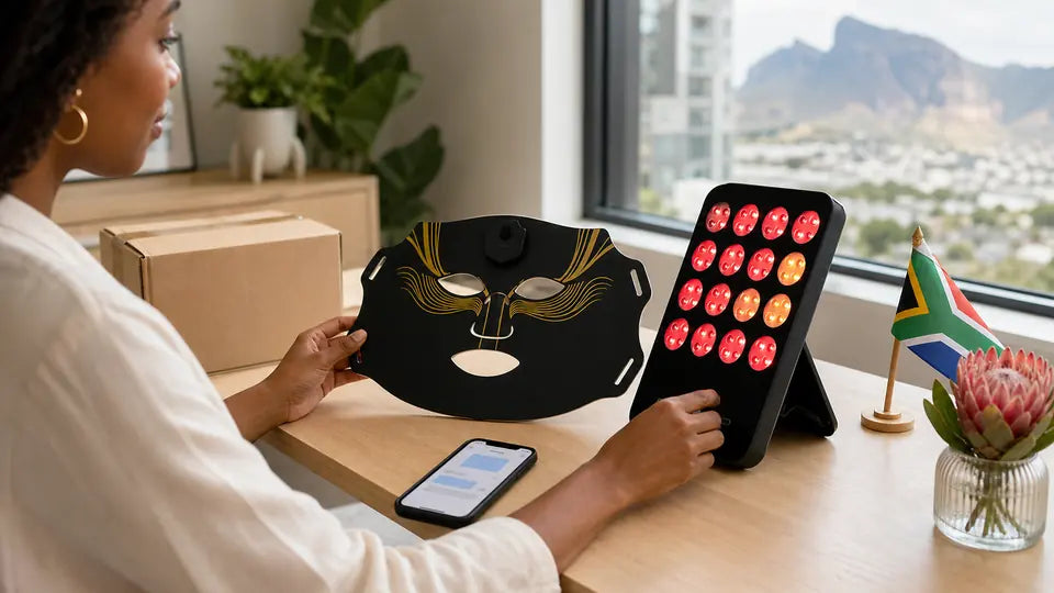 South African shopper comparing a VanqHeal Diamond LED mask and compact LED panel at home