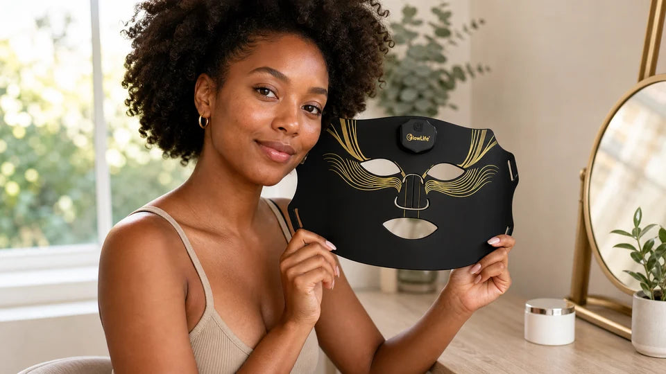 Woman comparing LED mask features for fine lines, facial texture and face-and-neck coverage