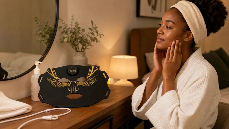 Woman preparing a skincare routine beside the VanqHeal Diamond Edition LED mask