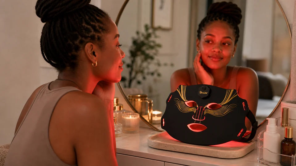 Woman viewing her skin in a mirror beside a glowing LED face mask