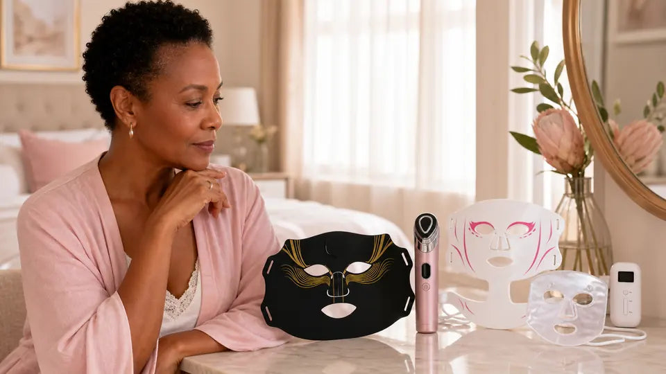 Mature South African woman comparing VanqHeal LED masks and a facial massager at home