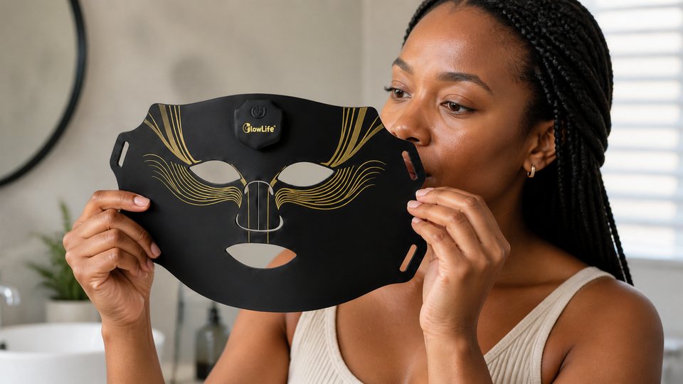 Woman checking the fit, openings and controls of a black and gold LED face mask