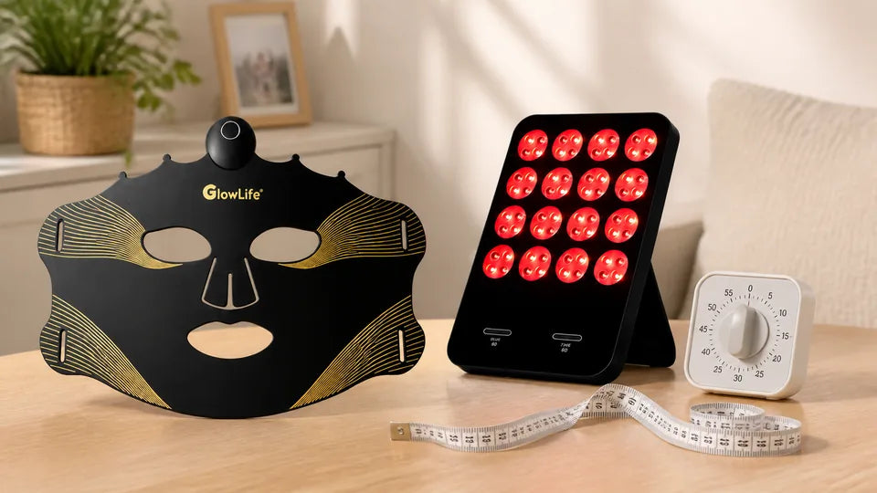 VanqHeal Wireless Plus mask and compact LED panel with a timer and measuring tape