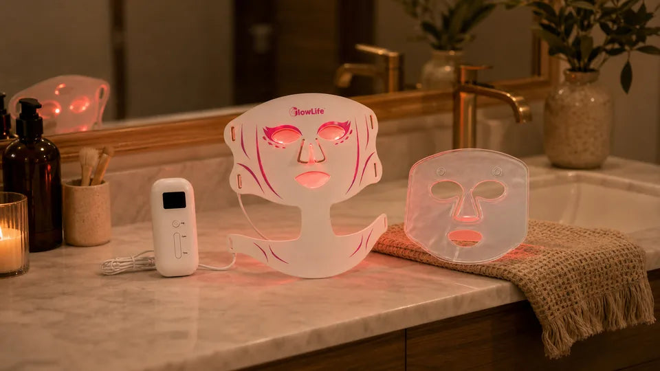 VanqHeal Face and Neck LED set prepared with its controller in a warm evening bathroom