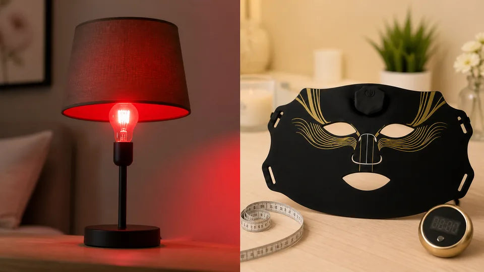 Red household bulb compared with the VanqHeal Diamond Edition LED face mask