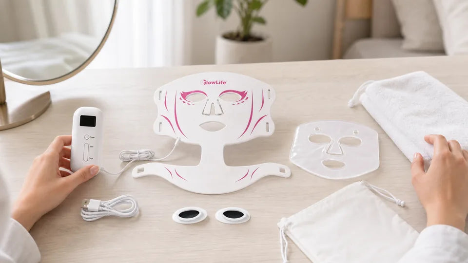 VanqHeal Face and Neck LED set with controller and accessories arranged for a home session