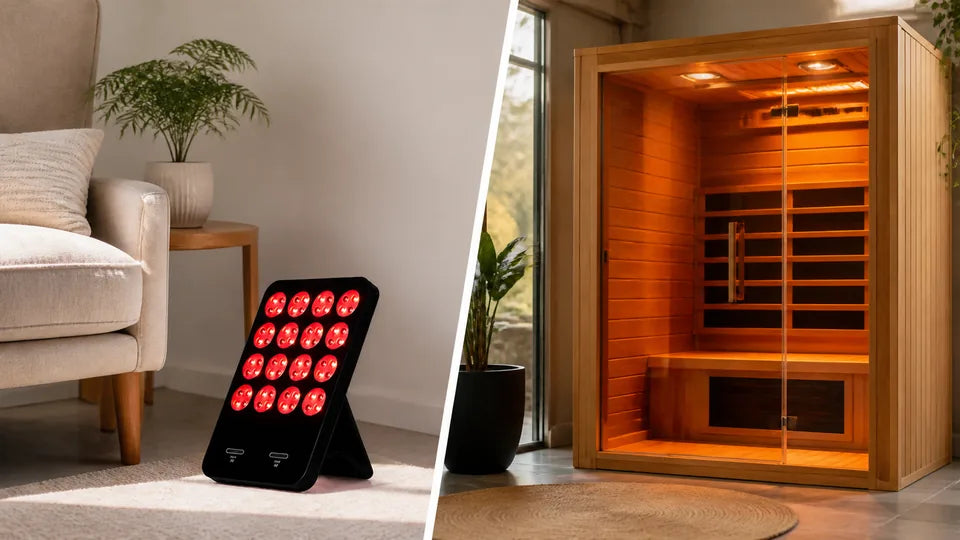 VanqHeal compact LED panel compared with a warm infrared sauna cabin