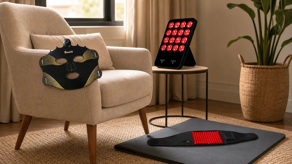 VanqHeal face mask, compact panel and flexible therapy belt arranged in one realistic home setup