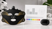 VanqHeal Wireless Plus LED mask beside an abstract study diagram and coverage outline