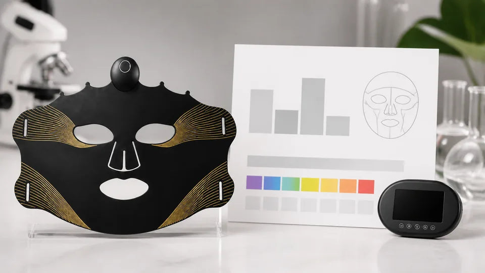 VanqHeal Wireless Plus LED mask beside an abstract study diagram and coverage outline