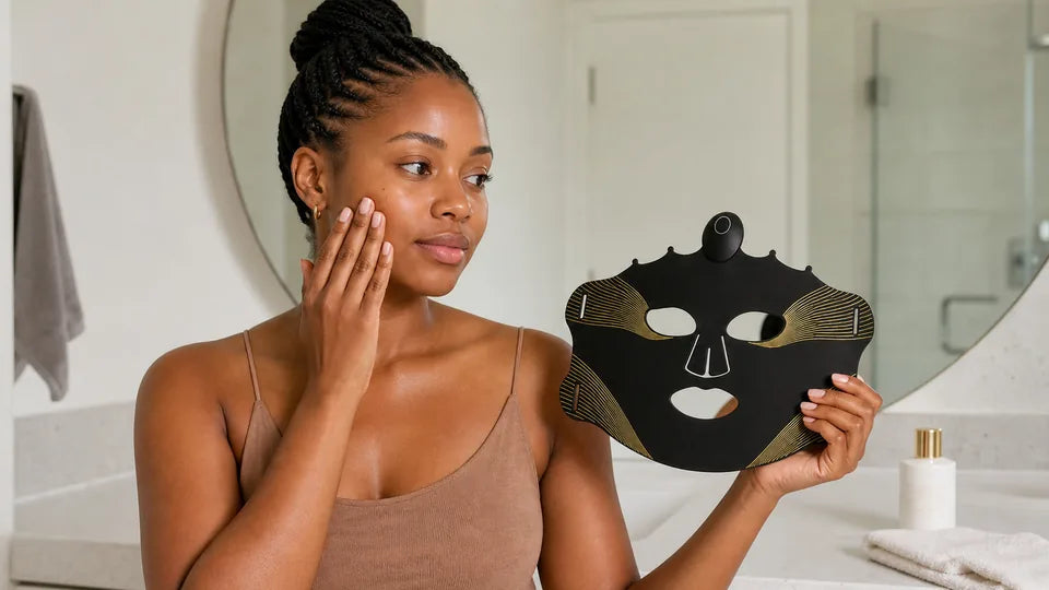 Woman checking her cheek while holding a switched-off VanqHeal Wireless Plus LED mask