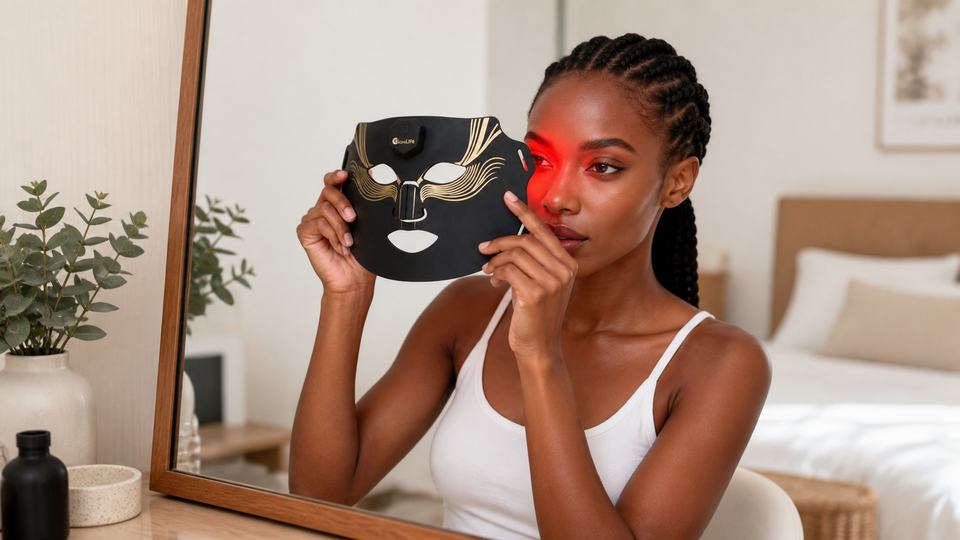 Woman preparing to use a black and gold wireless LED face mask at home