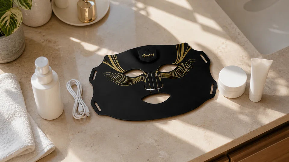 VanqHeal Diamond Edition LED mask arranged with cleanser, moisturiser and sunscreen on a morning vanity