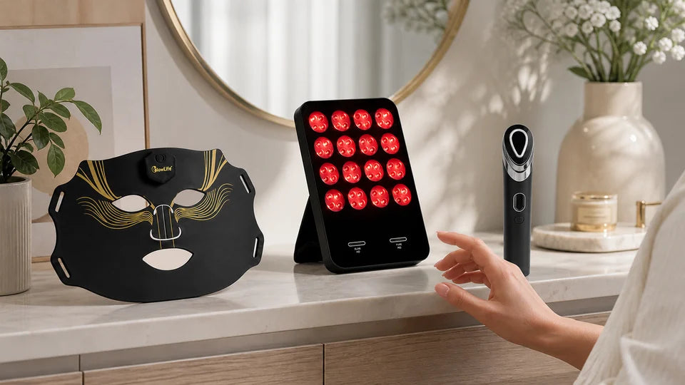 Woman comparing a VanqHeal LED face mask, tabletop panel and handheld beauty tool at home