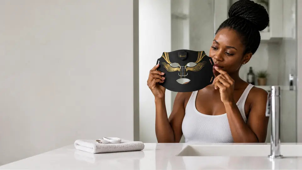 South African woman checking the fit and eye openings of a VanqHeal Diamond Edition LED mask