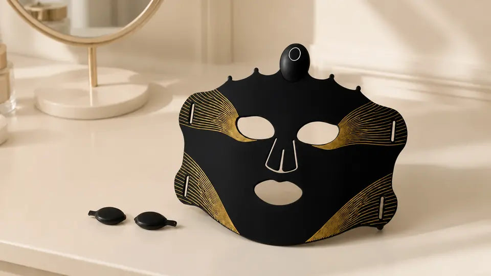 VanqHeal LED face mask with its supplied eye shields on a vanity