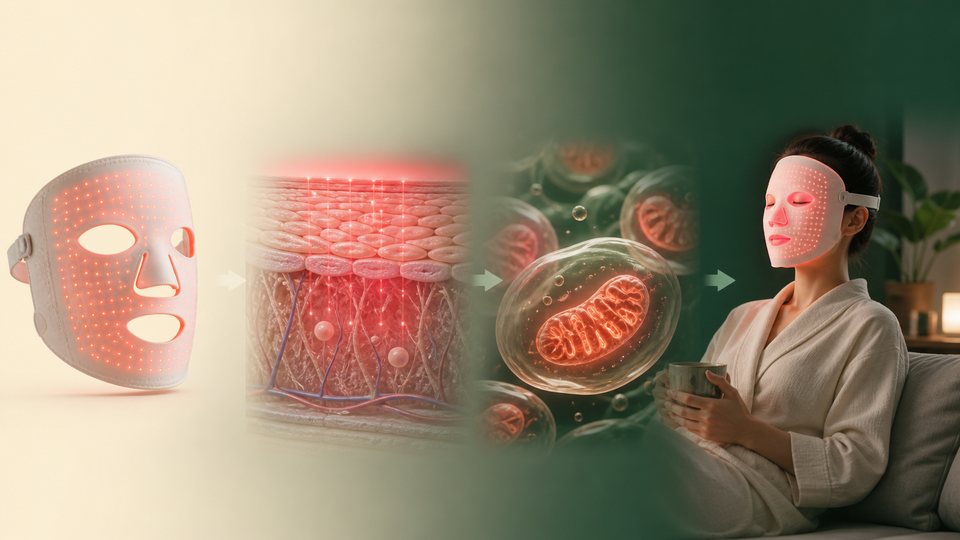 Scientific sequence showing red LED light, a skin cross-section, a cell and a home mask routine