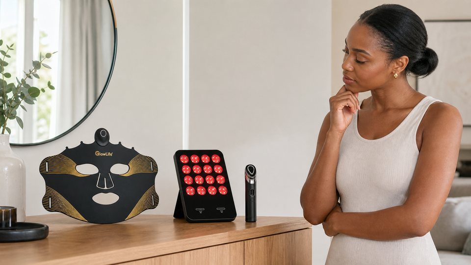 Woman comparing an LED face mask, tabletop panel and handheld beauty tool