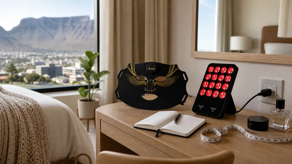 VanqHeal Diamond Edition mask and compact LED panel arranged on a Cape Town bedroom vanity for comparison