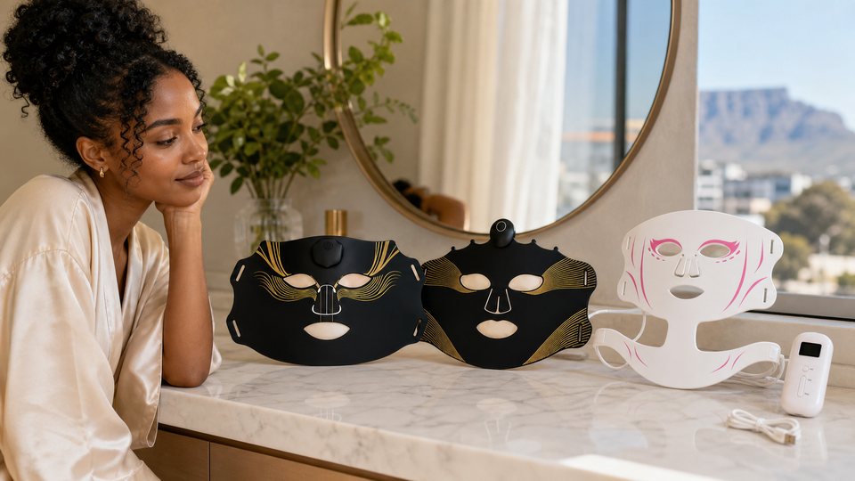 Woman comparing three red light therapy mask formats in a Cape Town home