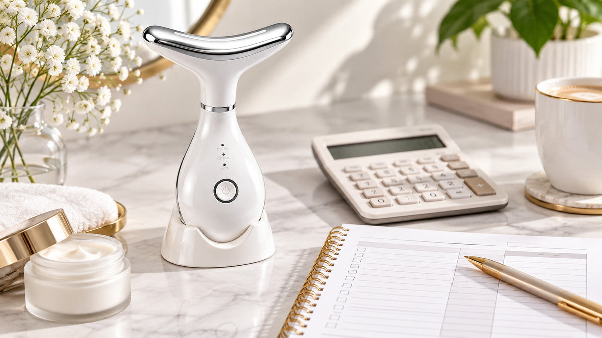 Micro Glow facial device beside a calculator, serum bottle and skincare budget worksheet on a light desk.