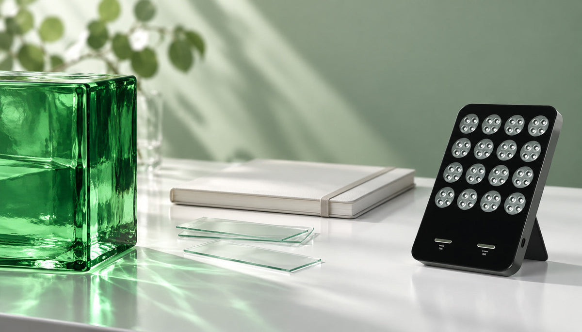 Green glass, a notebook and clear slides beside an unlit black tabletop light panel.