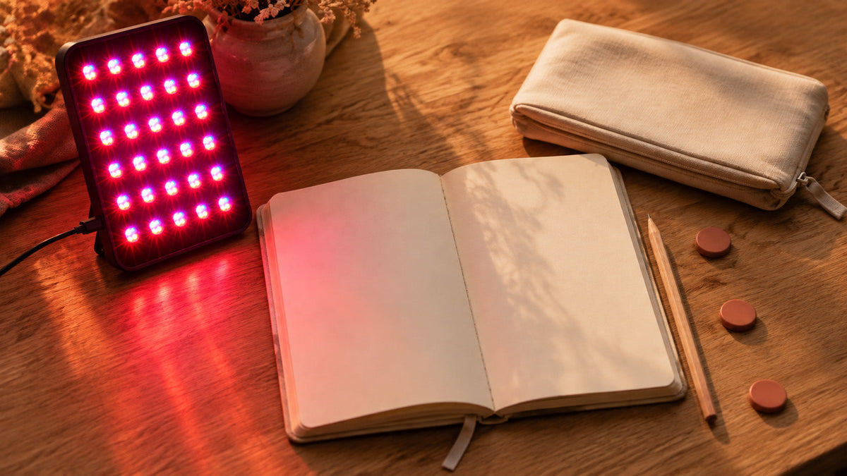 A LED light therapy panel,a blank notebook, pencil, three terracotta markers and a closed pouch on a wooden desk.