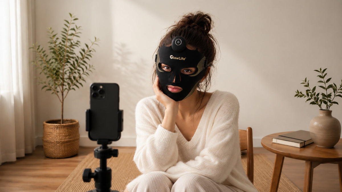 Woman wearing an LED face mask while using a smartphone tripod to take consistent before-and-after photos