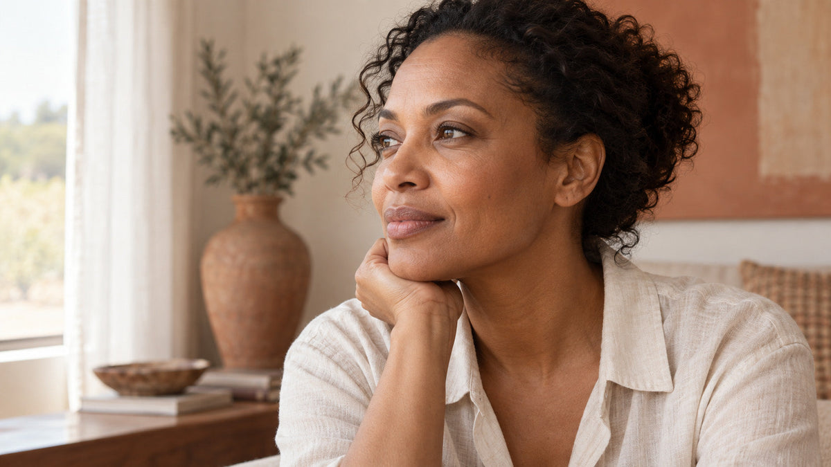 An adult woman with natural facial texture sits thoughtfully in soft window light wearing a linen blouse.