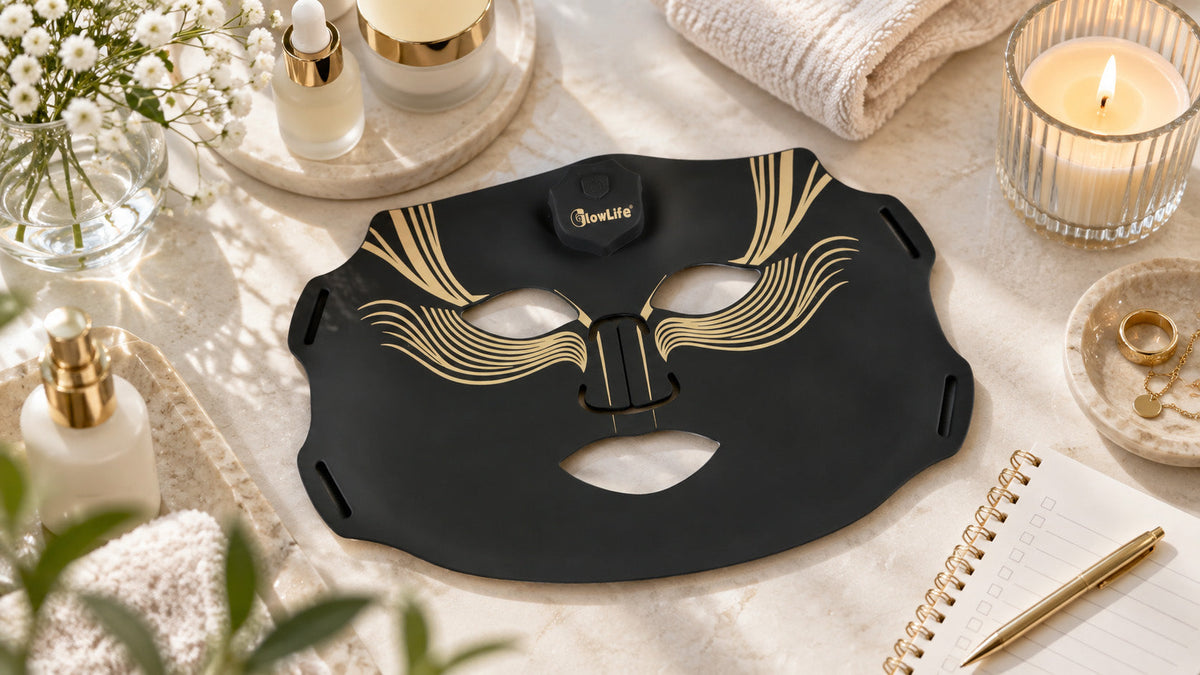 Diamond Edition LED face mask beside skincare bottles, moisturiser and a handwritten-style shopping checklist.
