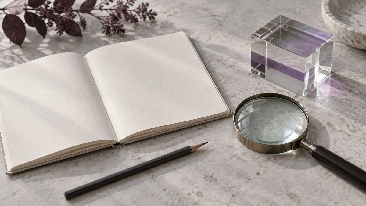 A blank notebook, pencil, magnifying glass and clear glass block arranged on a pale stone desk.
