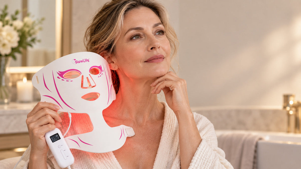Woman Holding A Red Light Therapy Mask for Neck Wrinkles