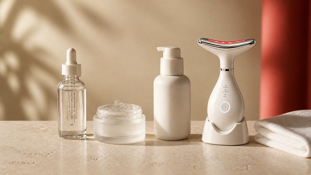 A Mini Facial Sculpting Wand, an unlabelled glass dropper bottle, open gel jar and ivory pump bottle on stone beside a folded cloth.