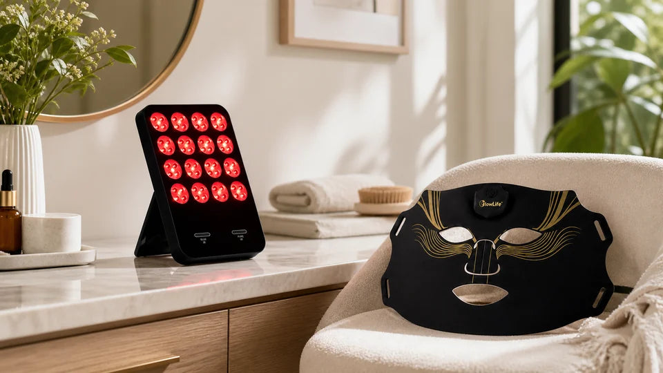 A compact LED panel and a soft face mask arranged in one realistic home skincare space