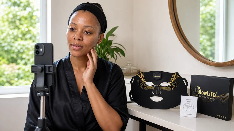 Woman taking a neutral baseline skin photograph beside an LED face mask