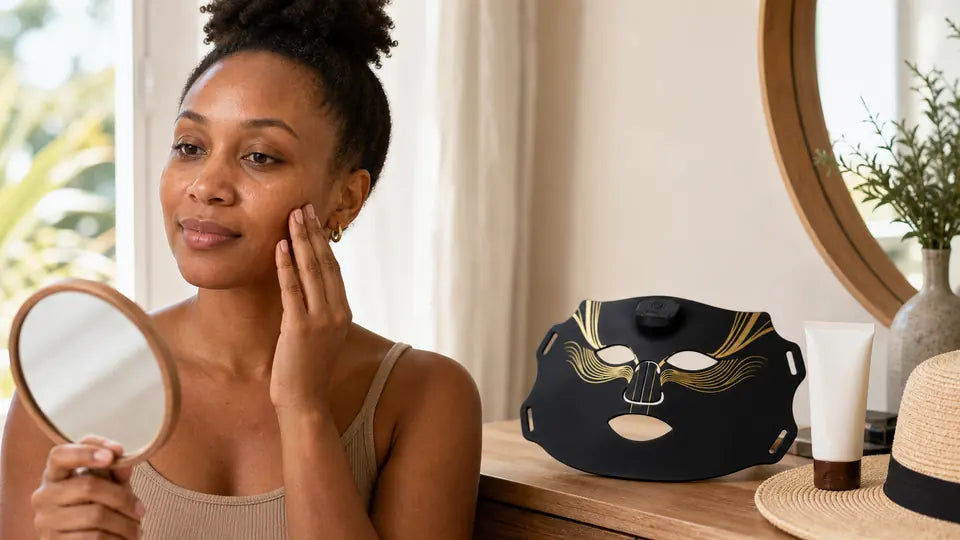 South African woman checking her skin beside a VanqHeal LED mask, sunscreen and a sun hat