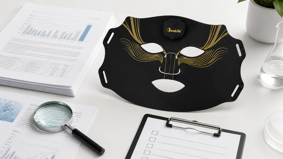 VanqHeal Diamond Edition LED mask beside research papers and a claim-checking checklist