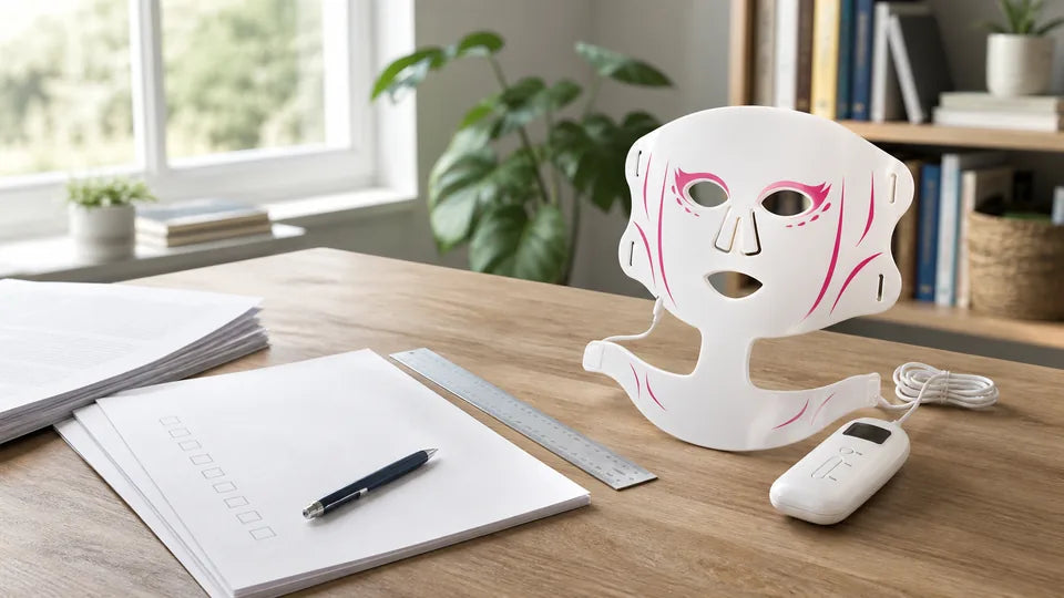 VanqHeal Face and Neck LED set beside a blank evidence checklist and study papers