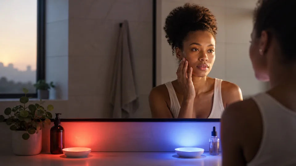 Woman comparing separate red and blue LED light zones for an acne-focused skincare routine