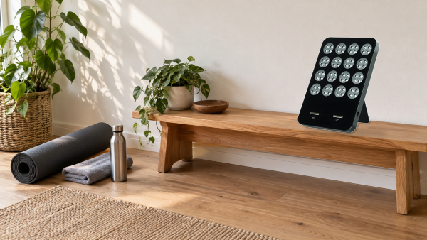 An unlit tabletop light panel resting on an oak bench beside exercise equipment in a daylight room.