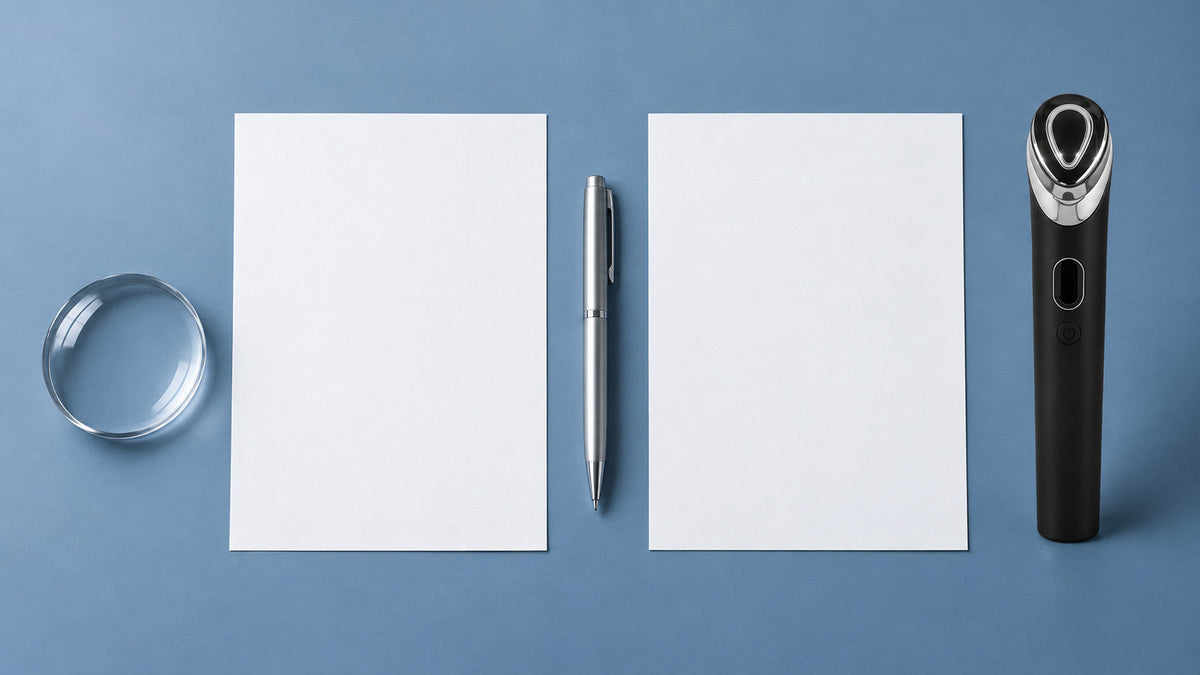 Two blank comparison sheets and a pen beside an unlit black handheld facial device.