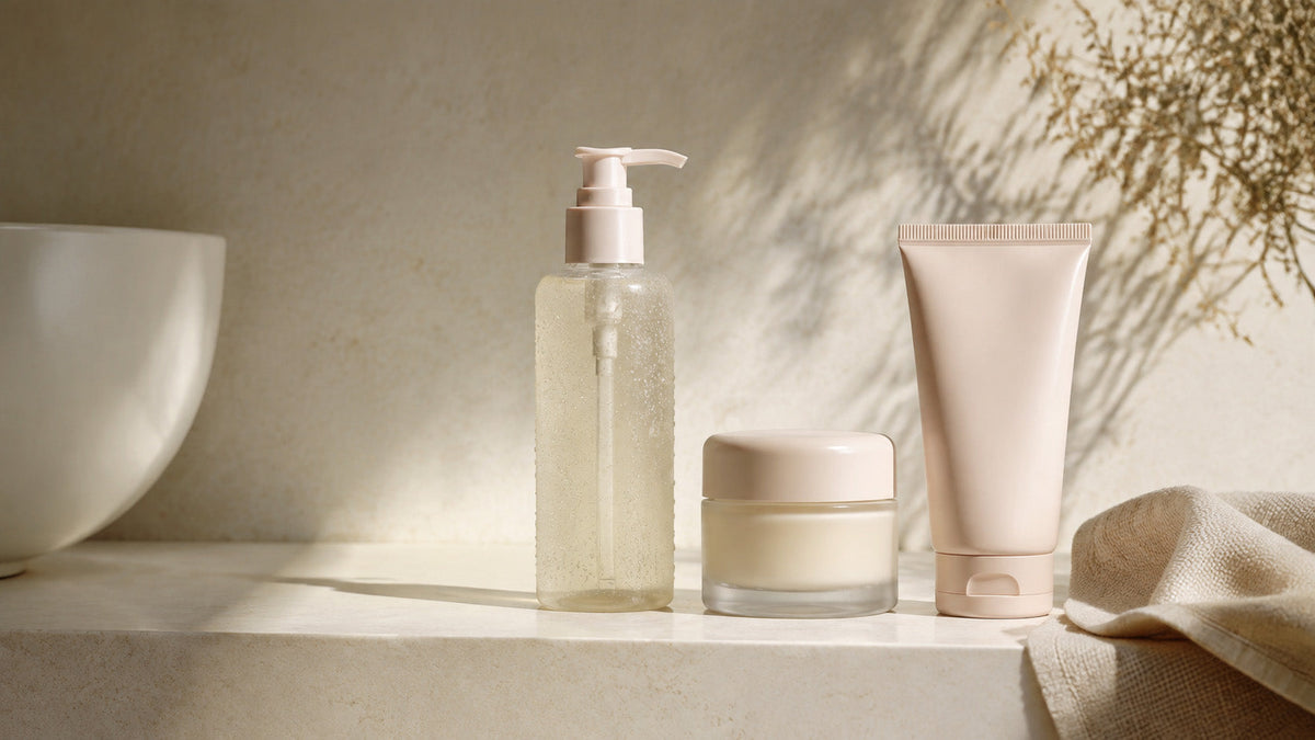 Minimal skincare essentials arranged on a warm ivory surface with soft natural light.