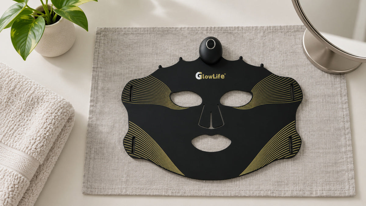 Unlit black-and-gold Wireless Plus mask lying flat on grey linen beside a mirror on a dry dressing table.