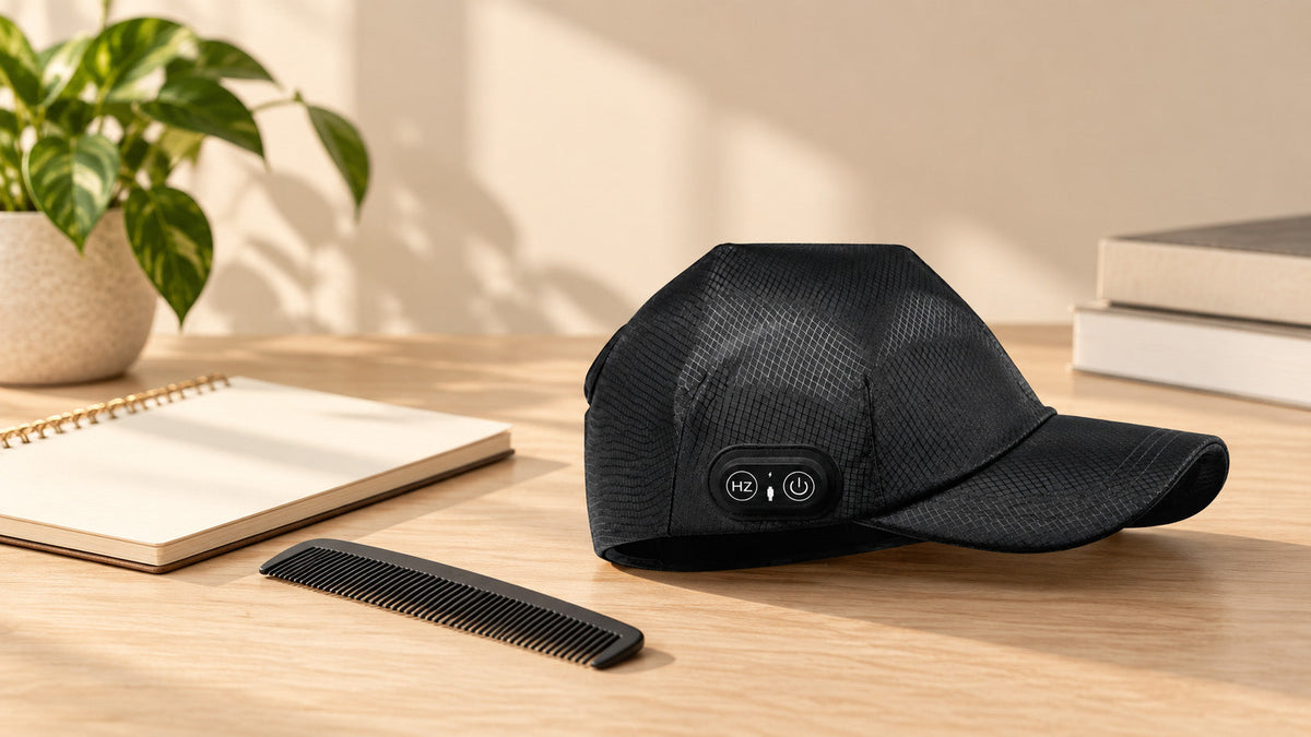 A grid-textured black scalp cap beside a comb and blank observation notebook.