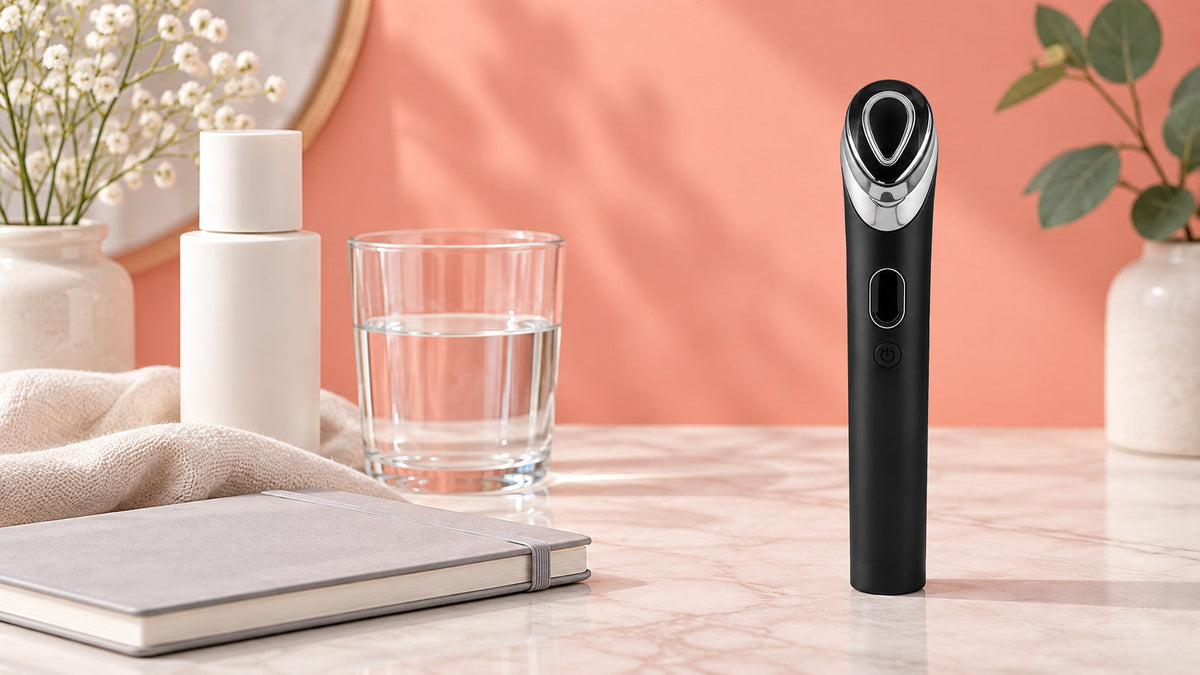 An unlit handheld facial device with a closed notebook, plain skincare bottle and linen.