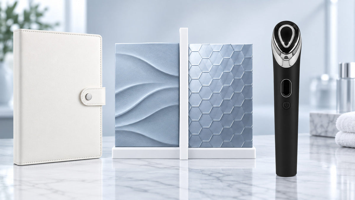 A closed clinical folder and separated material samples beside an unlit handheld device.